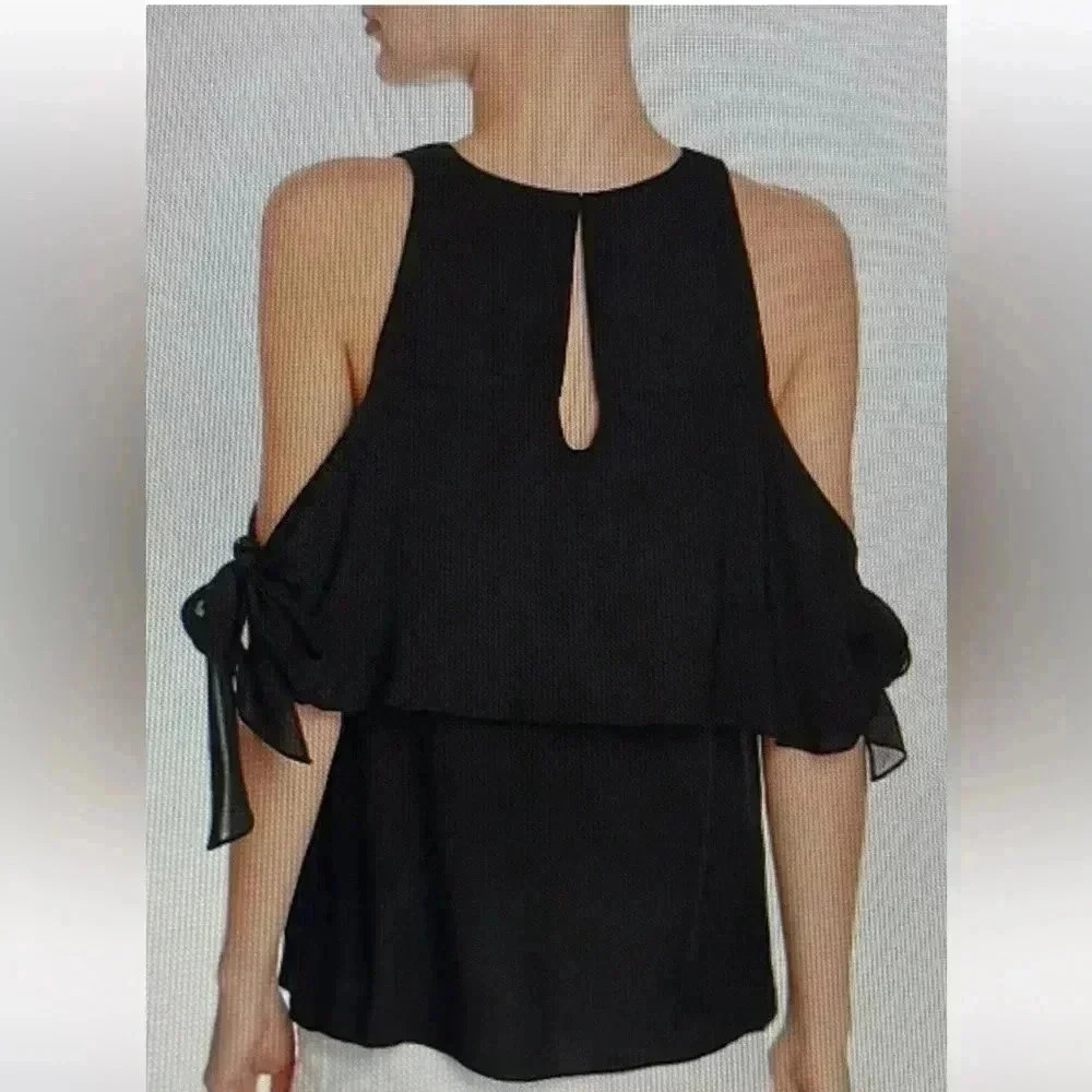 RAMY BROOK 100% SILK LUXURY BLACK COLD SHOULDER RUFFLE TOP BLOUSE SIZE SMALL NEW